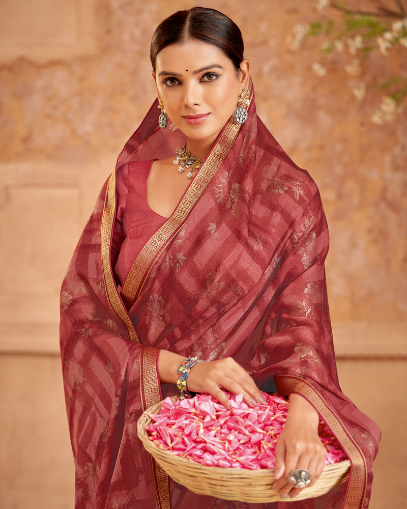 Vishal Prints Brick Red Printed Chiffon Saree With Foil Print And Zari Border