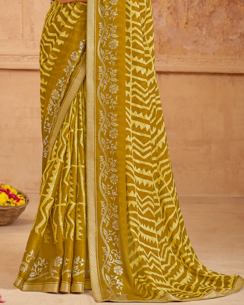 Vishal Prints Dark Mustard Printed Georgette Saree With Foil Print And Zari Border