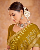 Vishal Prints Dark Mustard Printed Georgette Saree With Foil Print And Zari Border