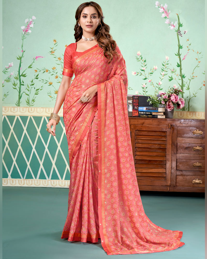 Vishal Prints Light Coral Pink Printed Brasso Saree With Foil Print And Fancy Border