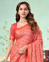 Vishal Prints Light Coral Pink Printed Brasso Saree With Foil Print And Fancy Border