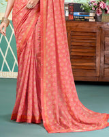 Vishal Prints Light Coral Pink Printed Brasso Saree With Foil Print And Fancy Border