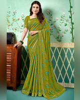 Vishal Prints Olive Green Printed Brasso Saree With Foil Print And Fancy Border