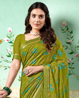 Vishal Prints Olive Green Printed Brasso Saree With Foil Print And Fancy Border