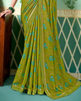 Vishal Prints Olive Green Printed Brasso Saree With Foil Print And Fancy Border