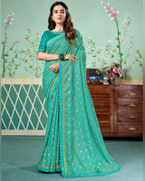 Vishal Prints Persian Green Printed Brasso Saree With Foil Print And Fancy Border