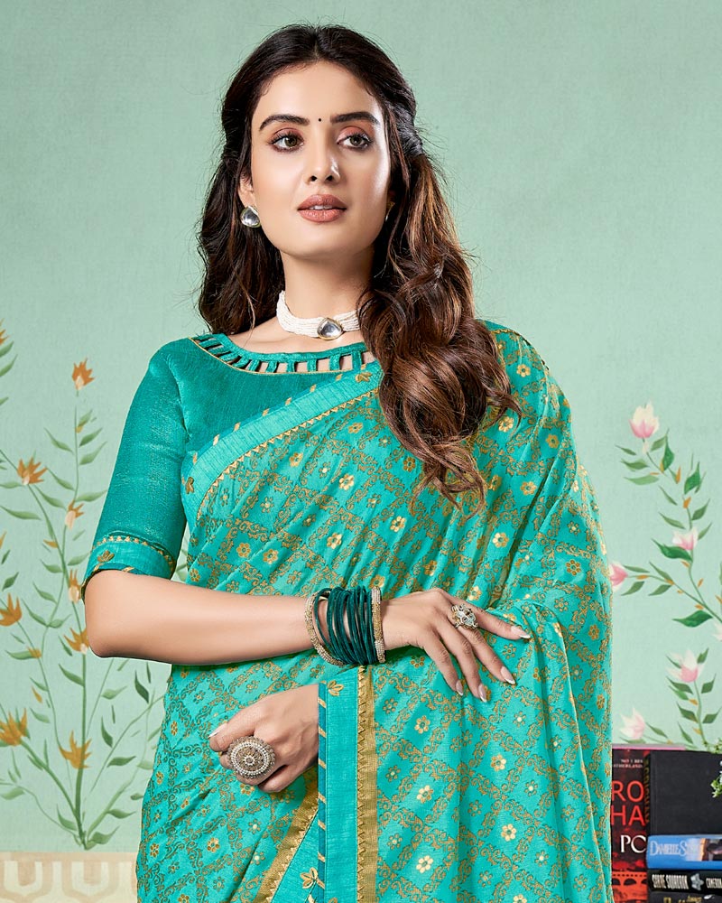 Vishal Prints Persian Green Printed Brasso Saree With Foil Print And Fancy Border