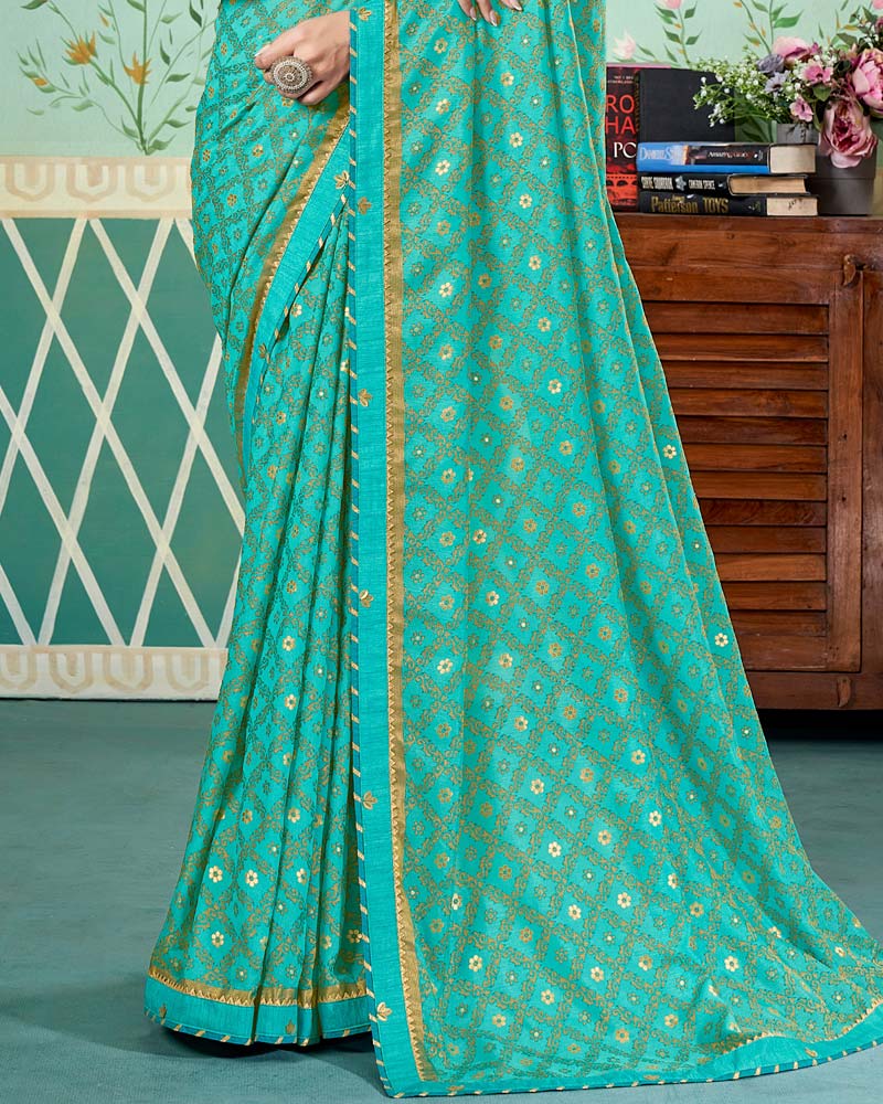 Vishal Prints Persian Green Printed Brasso Saree With Foil Print And Fancy Border