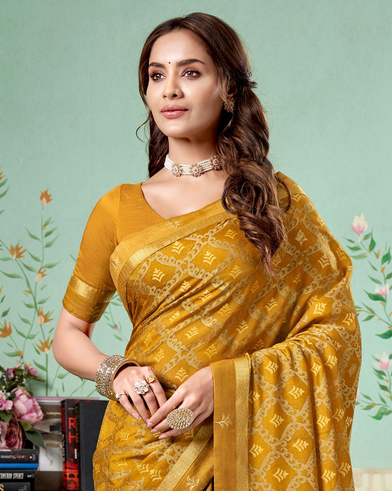 Vishal Prints Mustard Brown Printed Brasso Saree With Foil Print And Fancy Border