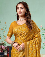 Vishal Prints Mustard Brown Printed Brasso Saree With Foil Print And Fancy Border