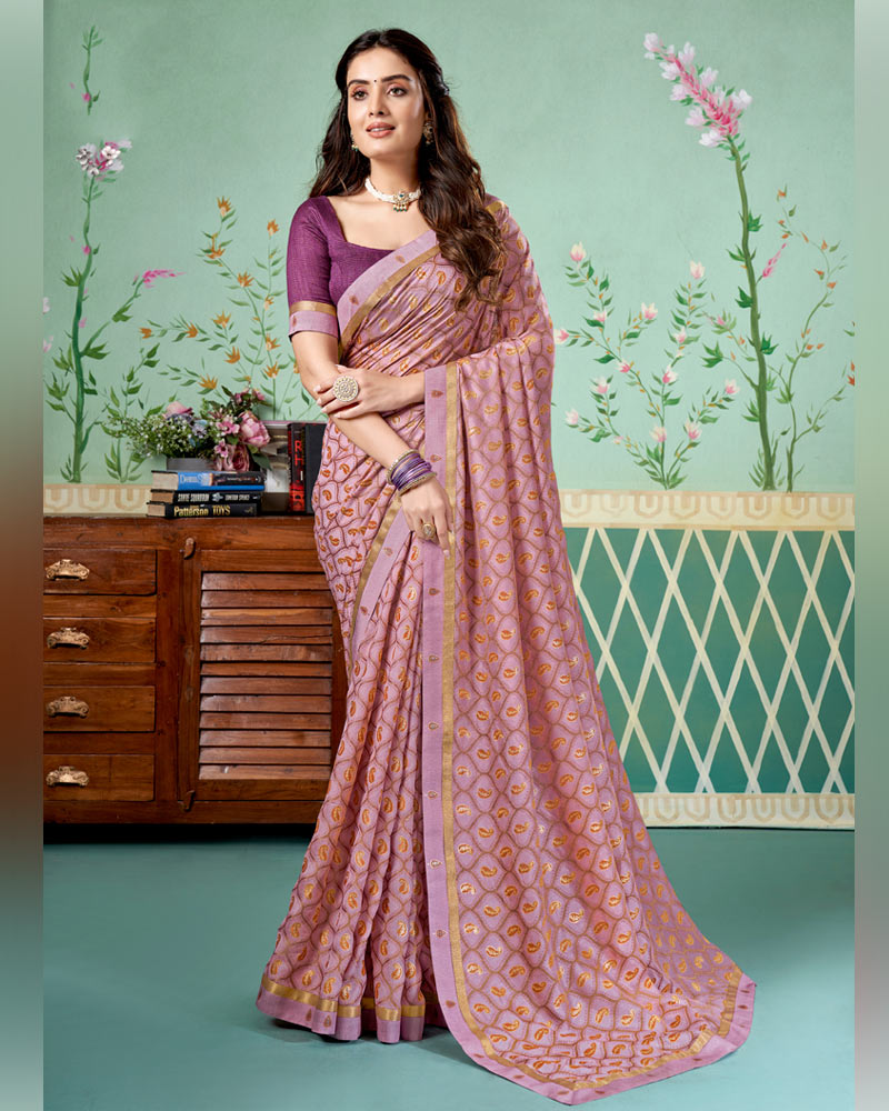 Vishal Prints Pastel Violet Printed Brasso Saree With Foil Print And Fancy Border