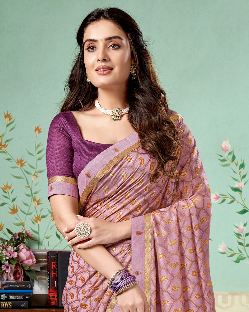 Vishal Prints Pastel Violet Printed Brasso Saree With Foil Print And Fancy Border