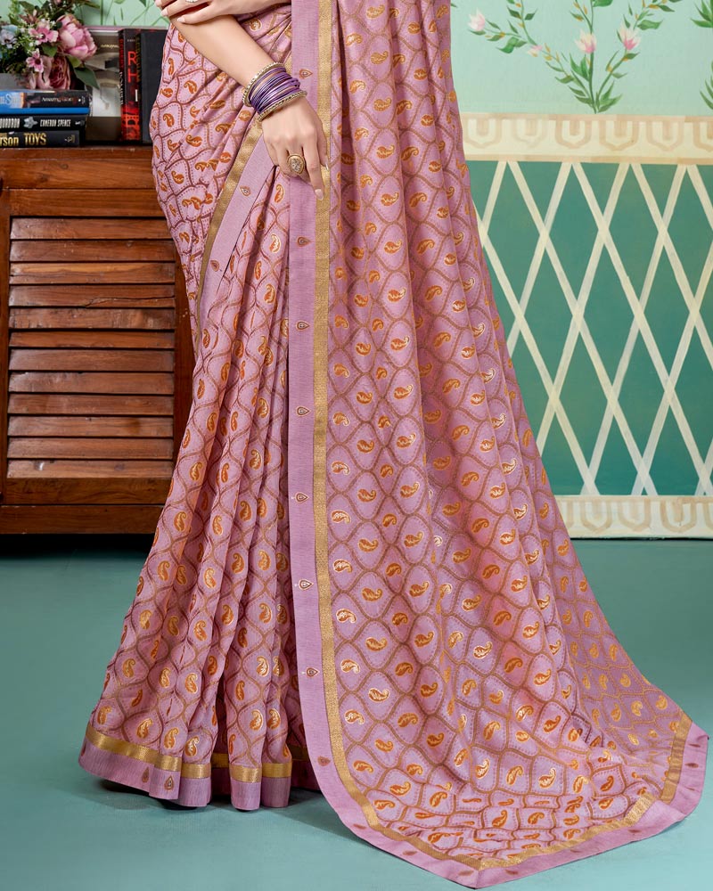Vishal Prints Pastel Violet Printed Brasso Saree With Foil Print And Fancy Border