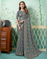 Vishal Prints Cloudy Grey Printed Brasso Saree With Foil Print And Fancy Border