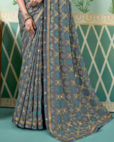 Vishal Prints Cloudy Grey Printed Brasso Saree With Foil Print And Fancy Border