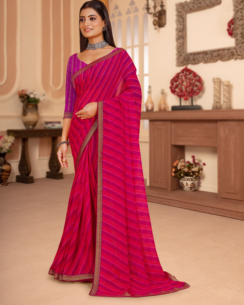 Vishal Prints Red Pink Printed Georgette Saree With Zari Border