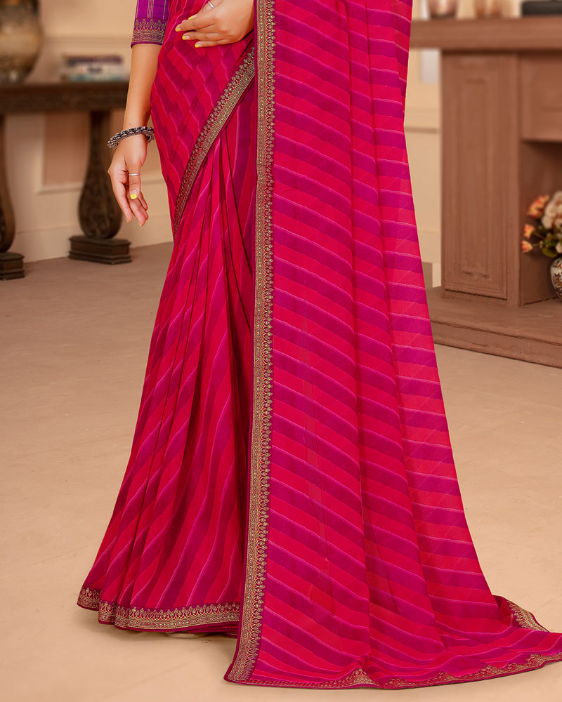 Vishal Prints Red Pink Printed Georgette Saree With Zari Border