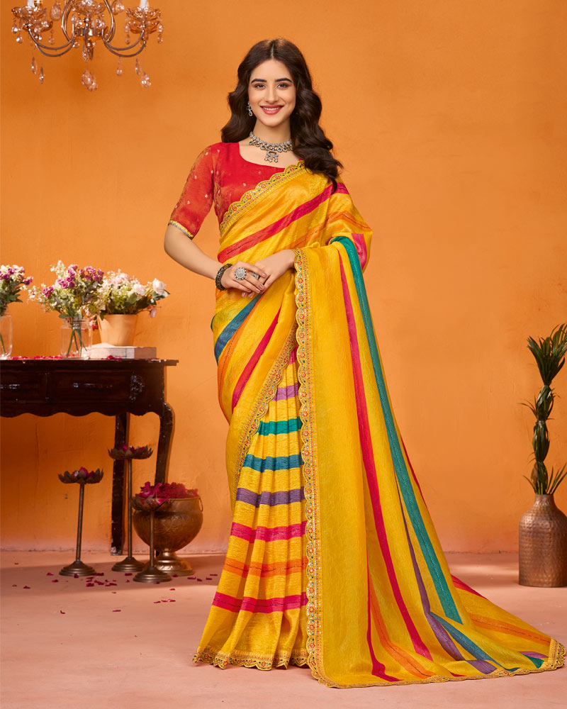 Vishal Prints Bright Yellow Designer Crushed Chiffon Printed Saree With Diamond Work And Cut Work Border