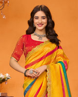 Vishal Prints Bright Yellow Designer Crushed Chiffon Printed Saree With Diamond Work And Cut Work Border
