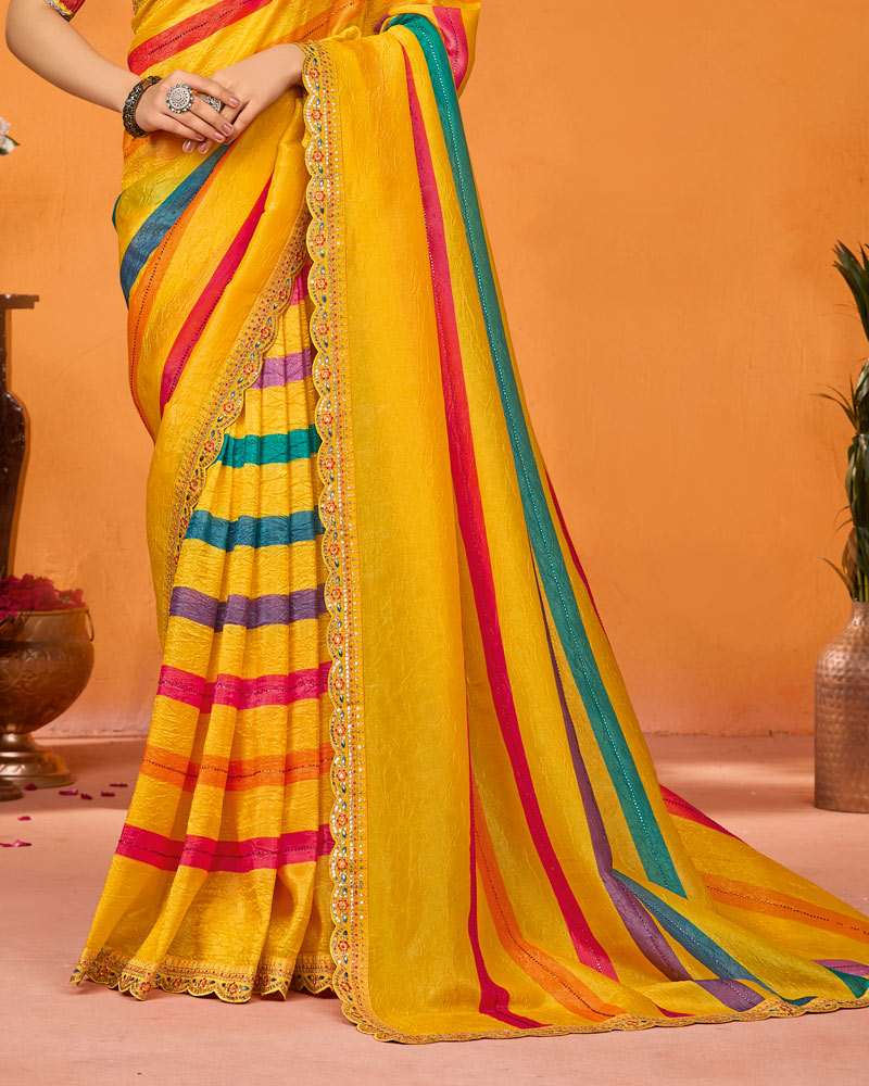 Vishal Prints Bright Yellow Designer Crushed Chiffon Printed Saree With Diamond Work And Cut Work Border