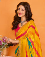 Vishal Prints Bright Yellow Designer Crushed Chiffon Printed Saree With Diamond Work And Cut Work Border