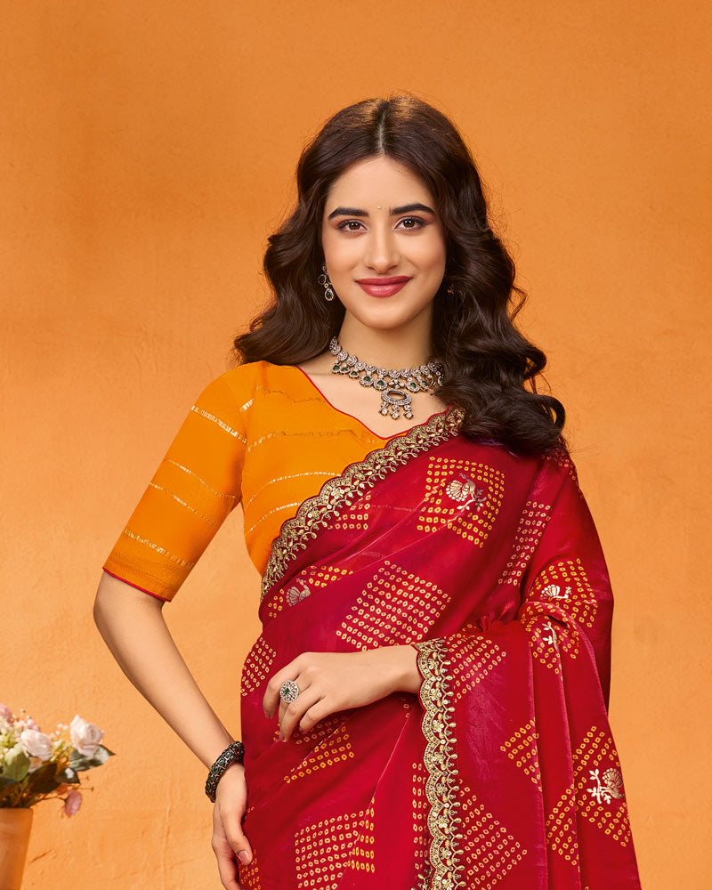 Vishal Prints Maroon Red Designer Satin-Chiffon Traditional Print Saree With Foil Print And Cut Work Embroidery Border