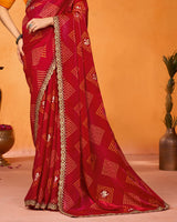 Vishal Prints Maroon Red Designer Satin-Chiffon Traditional Print Saree With Foil Print And Cut Work Embroidery Border