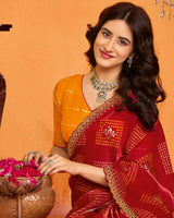 Vishal Prints Maroon Red Designer Satin-Chiffon Traditional Print Saree With Foil Print And Cut Work Embroidery Border