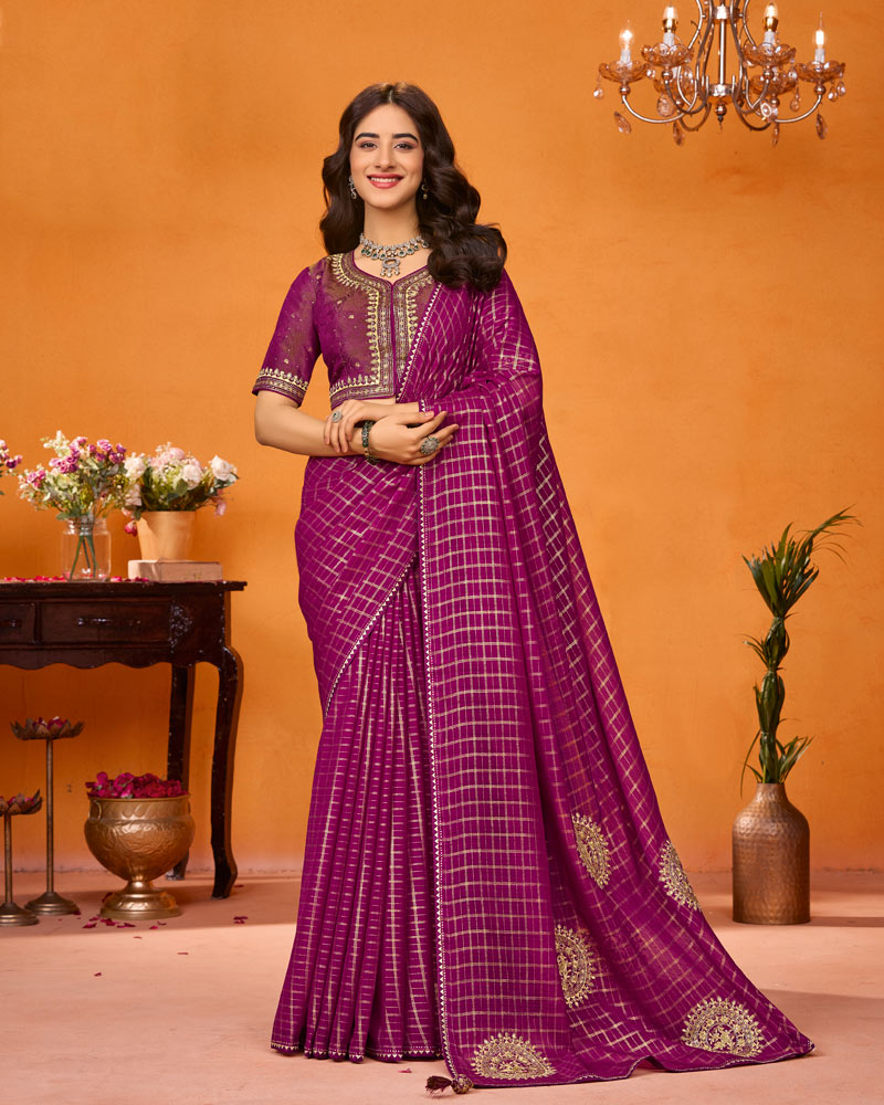 Vishal Prints Red Purple Designer Crushed Chiffon Digital Print Saree With Diamond Work And Cut Work Border