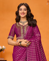 Vishal Prints Red Purple Designer Crushed Chiffon Digital Print Saree With Diamond Work And Cut Work Border