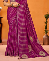 Vishal Prints Red Purple Designer Crushed Chiffon Digital Print Saree With Diamond Work And Cut Work Border