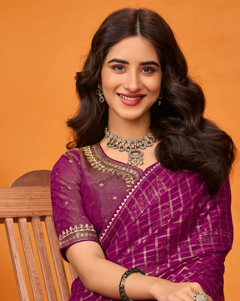 Vishal Prints Red Purple Designer Crushed Chiffon Digital Print Saree With Diamond Work And Cut Work Border