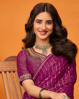 Vishal Prints Red Purple Designer Crushed Chiffon Digital Print Saree With Diamond Work And Cut Work Border