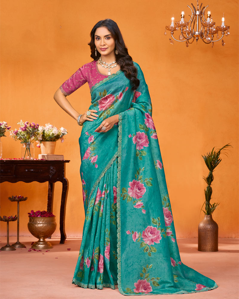 Vishal Prints Teal Green Designer Chiffon Saree With Foil Print-Diamond Work And Cut Work Embroidery Border