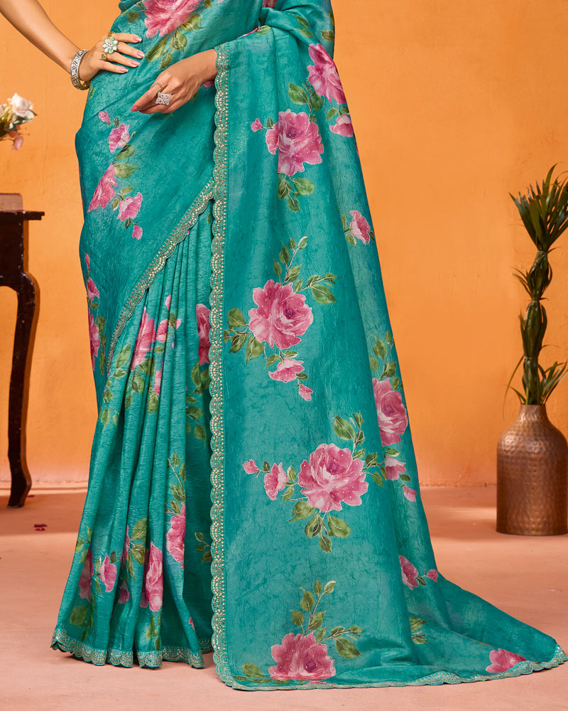 Vishal Prints Teal Green Designer Chiffon Saree With Foil Print-Diamond Work And Cut Work Embroidery Border