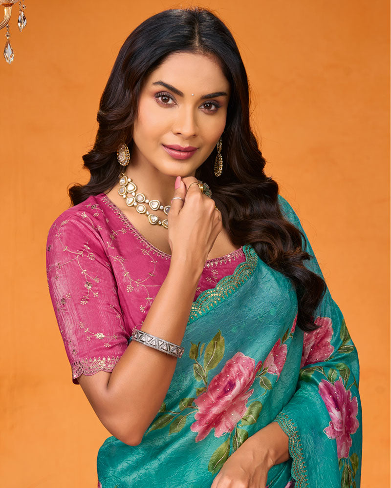 Vishal Prints Teal Green Designer Chiffon Saree With Foil Print-Diamond Work And Cut Work Embroidery Border