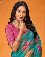 Vishal Prints Teal Green Designer Chiffon Saree With Foil Print-Diamond Work And Cut Work Embroidery Border