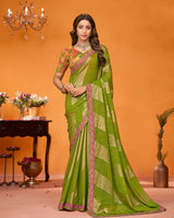 Vishal Prints Olive Green Designer Chiffon Brasso Saree With Diamond Work And Tassel