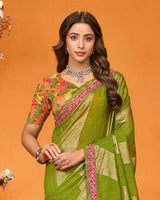 Vishal Prints Olive Green Designer Chiffon Brasso Saree With Diamond Work And Tassel