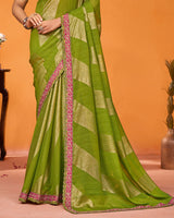 Vishal Prints Olive Green Designer Chiffon Brasso Saree With Diamond Work And Tassel