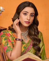 Vishal Prints Olive Green Designer Chiffon Brasso Saree With Diamond Work And Tassel