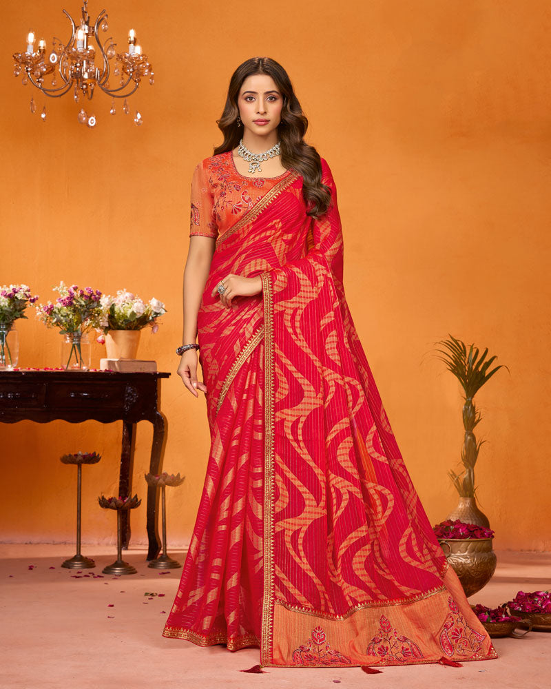 Vishal Prints Crimson Red Designer Patterned Chiffon Saree With Diamond Work And Fancy Embroidery Border