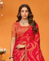 Vishal Prints Crimson Red Designer Patterned Chiffon Saree With Diamond Work And Fancy Embroidery Border