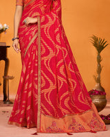 Vishal Prints Crimson Red Designer Patterned Chiffon Saree With Diamond Work And Fancy Embroidery Border