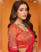 Vishal Prints Crimson Red Designer Patterned Chiffon Saree With Diamond Work And Fancy Embroidery Border