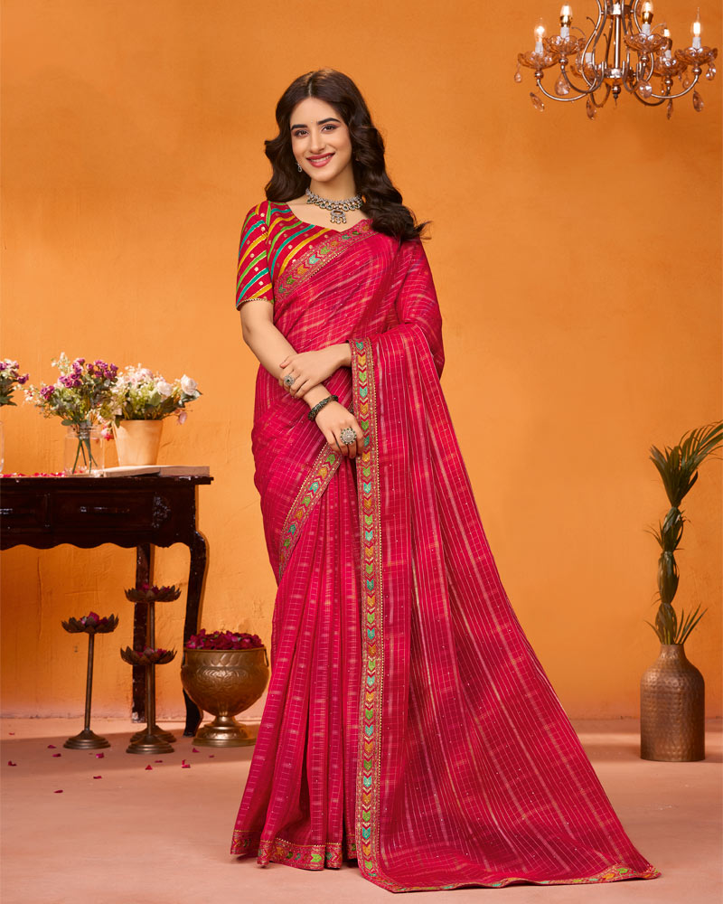 Vishal Prints Magenta Pink Designer Fancy Satin Saree With Embroidery-Diamond Work And Cut Work Border