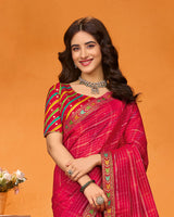 Vishal Prints Magenta Pink Designer Fancy Satin Saree With Embroidery-Diamond Work And Cut Work Border