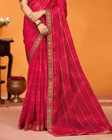 Vishal Prints Magenta Pink Designer Fancy Satin Saree With Embroidery-Diamond Work And Cut Work Border