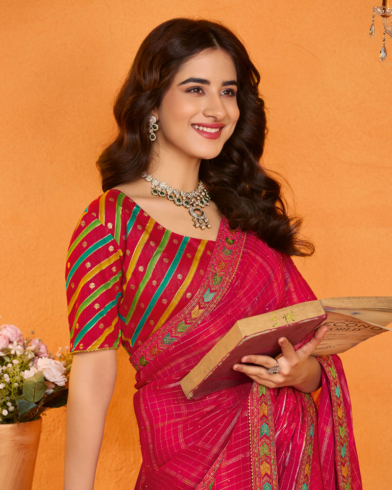 Vishal Prints Magenta Pink Designer Fancy Satin Saree With Embroidery-Diamond Work And Cut Work Border