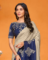 Vishal Prints Pastel Beige Designer Art Silk Saree With Embroidery-Diamond Work And Cut Work Border